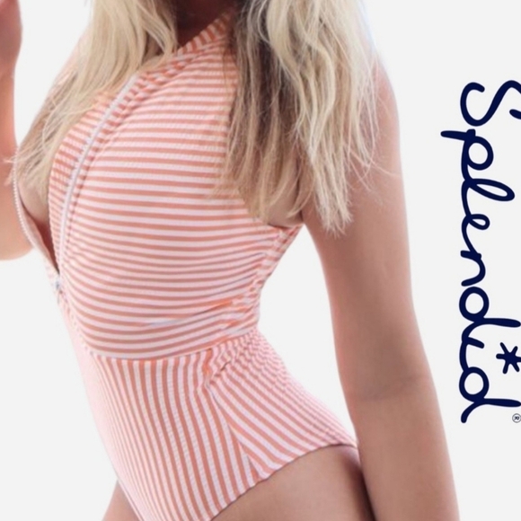 Splendid Orange and White Stripe Seersucker One-piece Zip Front Swimsuit Size S - Picture 2 of 13
